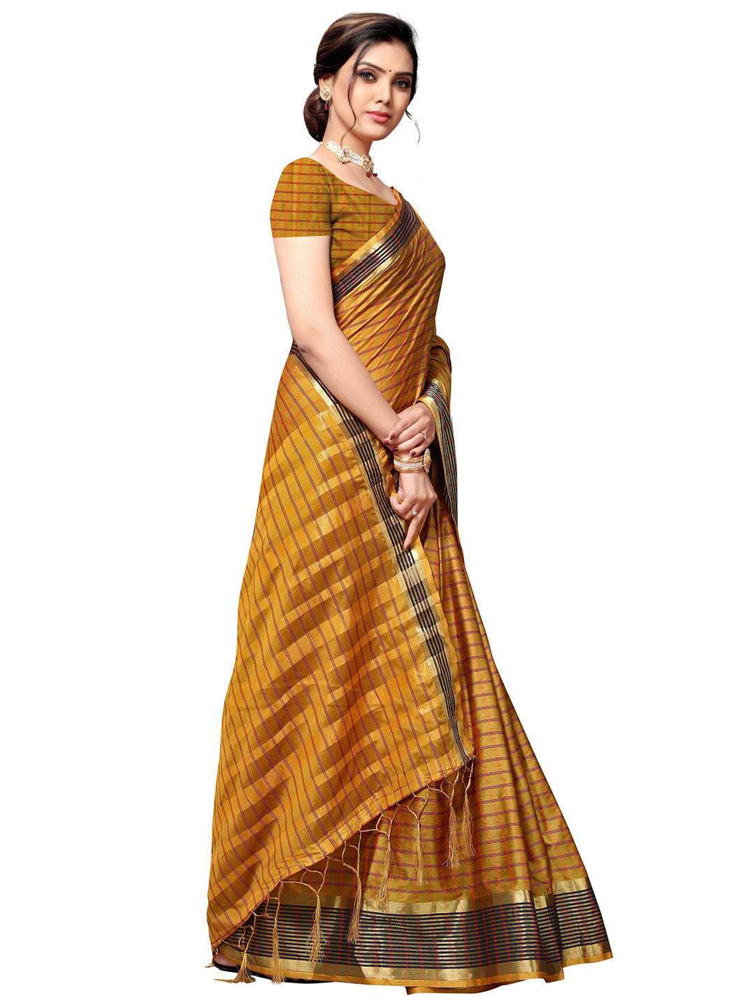 Women's Mustard Art Silk Self Design Saree