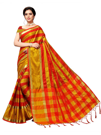 Women's Gold Art Silk Striped Saree