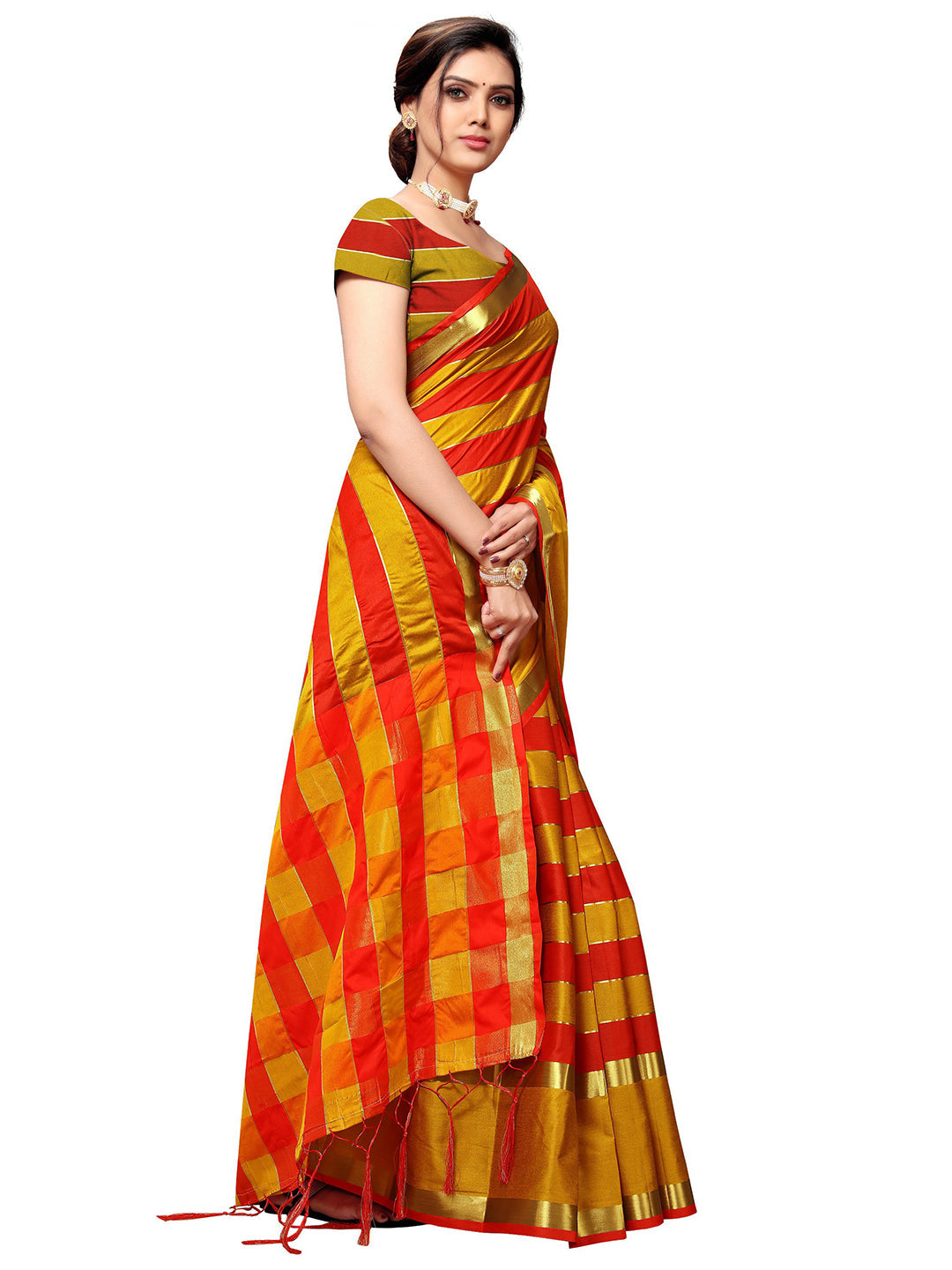 Women's Gold Art Silk Striped Saree