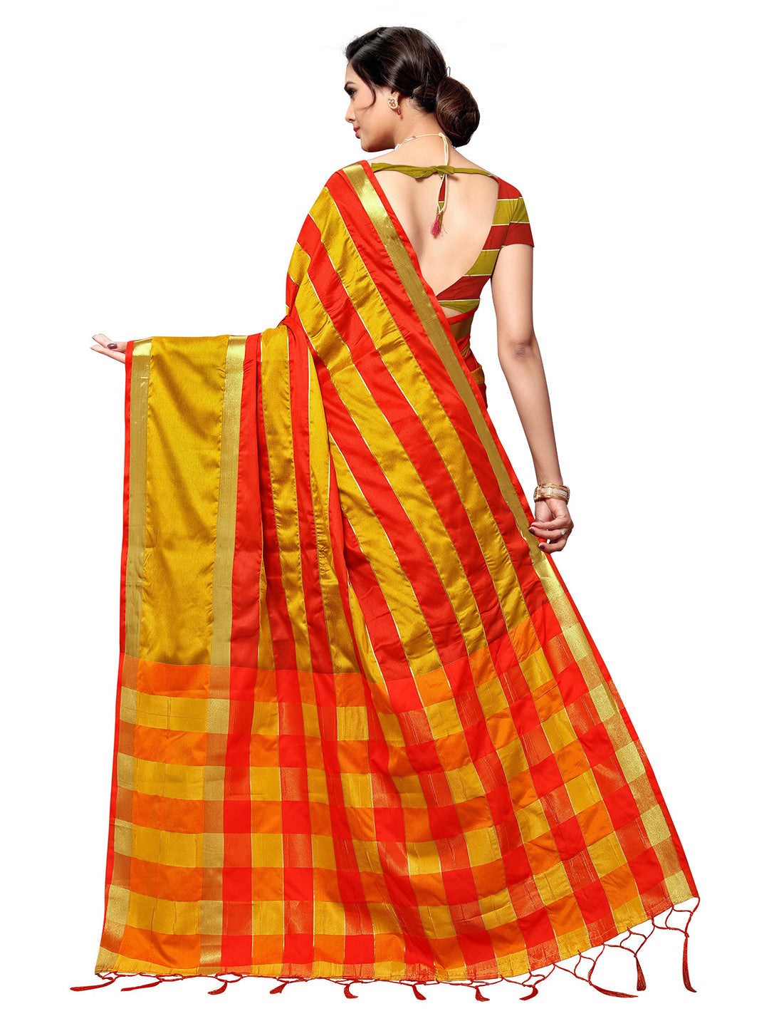 Women's Gold Art Silk Striped Saree