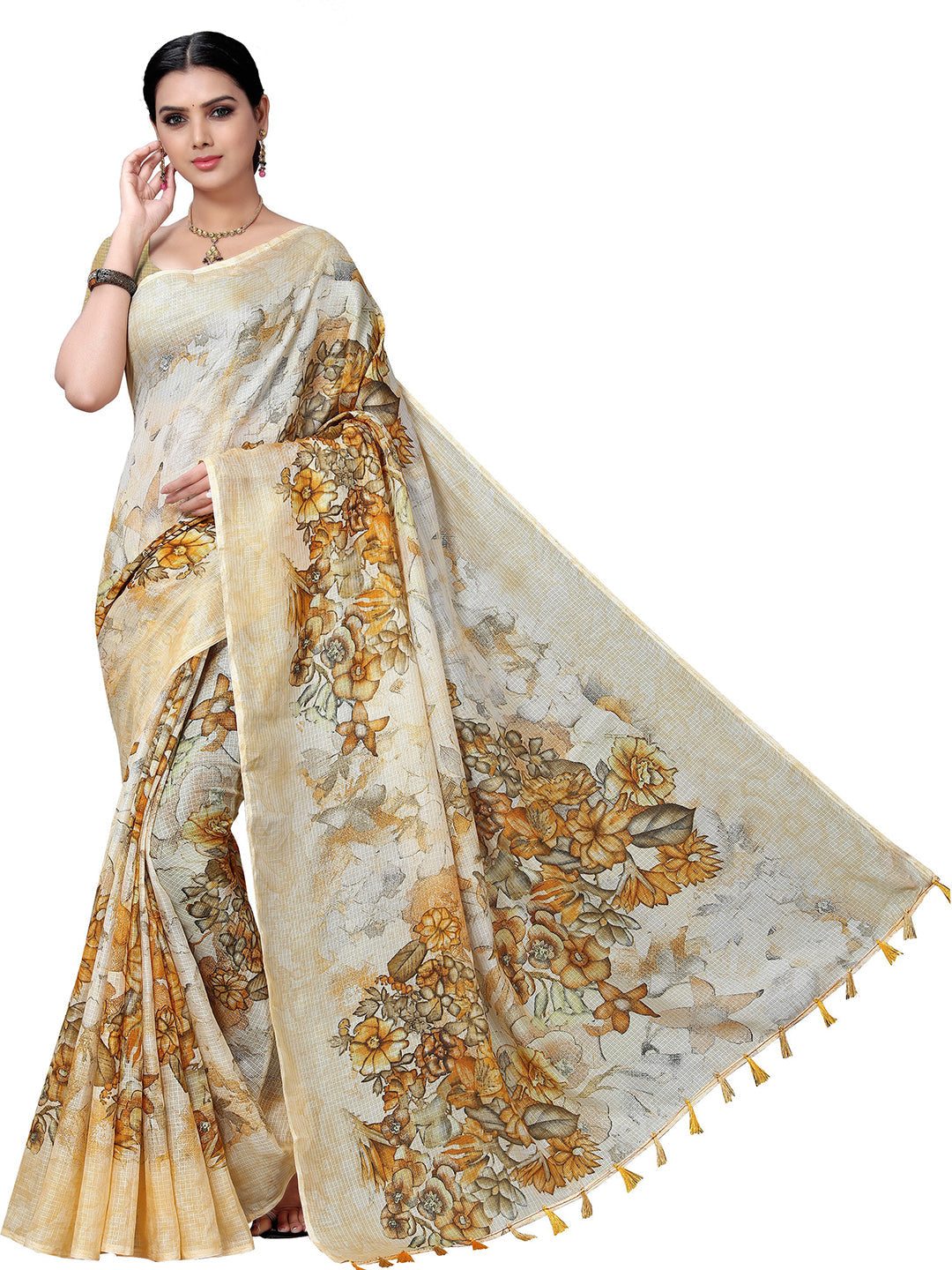 Women's Cream Cotton Blend Printed Saree