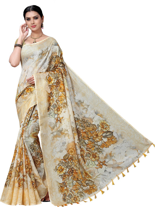 Women's Cream Cotton Blend Printed Saree