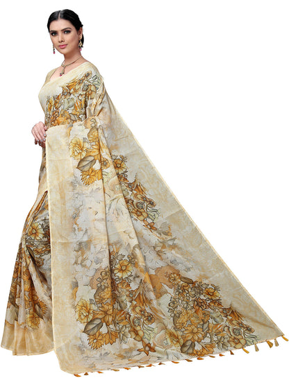 Women's Cream Cotton Blend Printed Saree