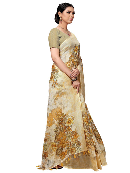 Women's Cream Cotton Blend Printed Saree
