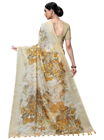 Women's Cream Cotton Blend Printed Saree