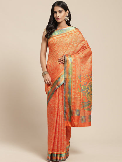 Women's Orange Cotton Blend Printed Saree