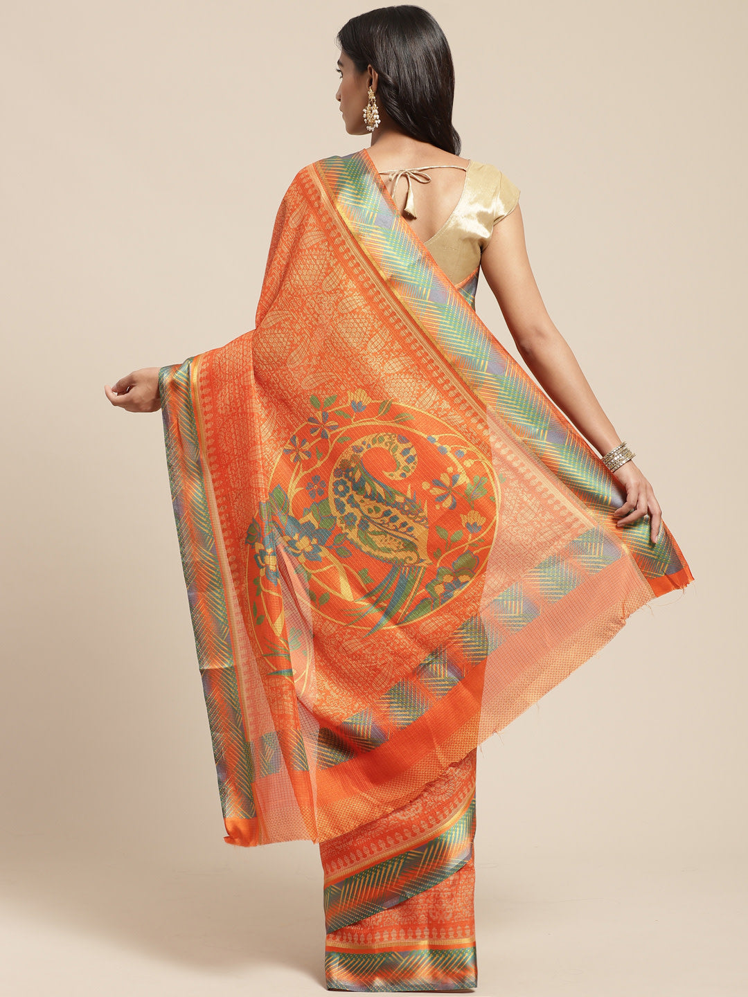 Women's Orange Cotton Blend Printed Saree