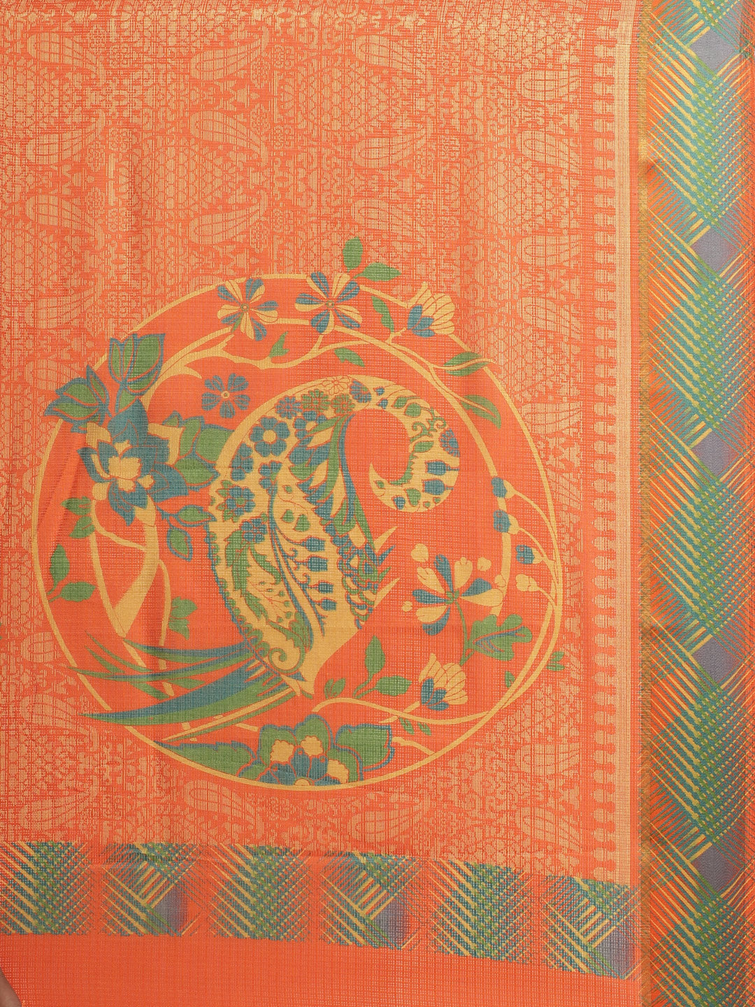 Women's Orange Cotton Blend Printed Saree
