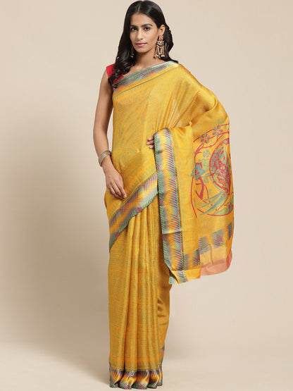 Women's Yellow Cotton Blend Printed Saree