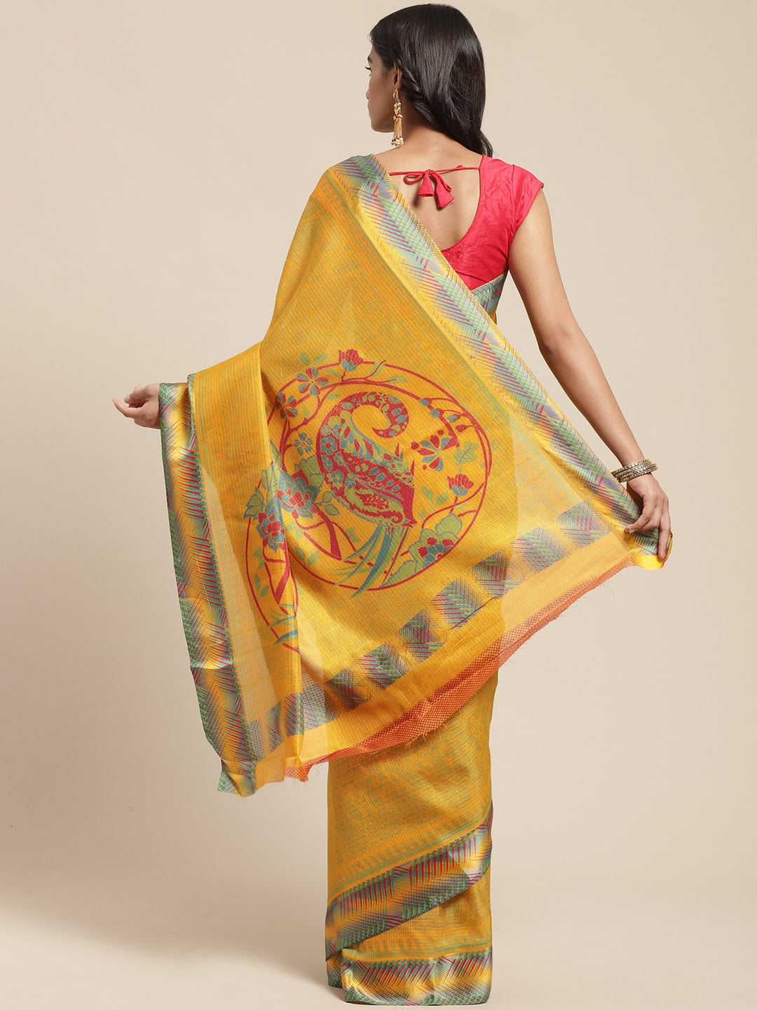 Women's Yellow Cotton Blend Printed Saree