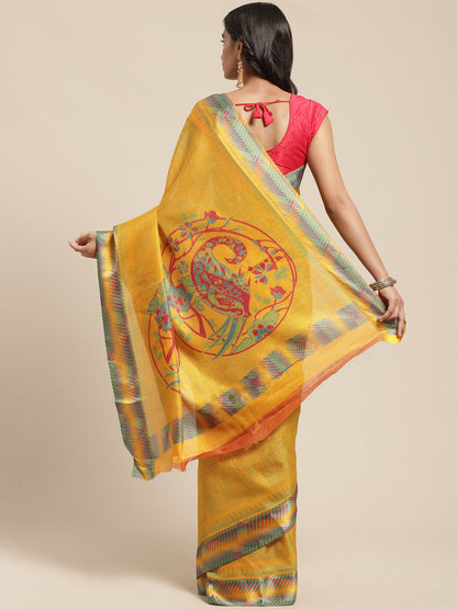 Women's Yellow Cotton Blend Printed Saree