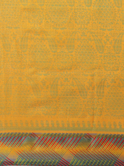 Women's Yellow Cotton Blend Printed Saree
