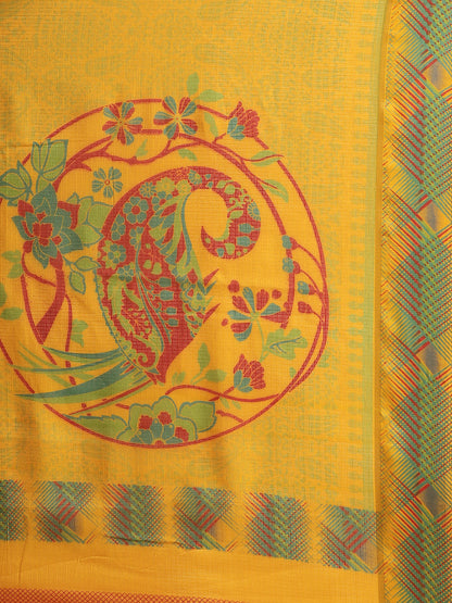 Women's Yellow Cotton Blend Printed Saree