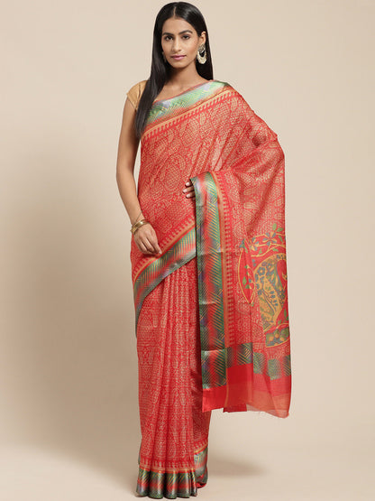 Women's Red Cotton Blend Printed Saree