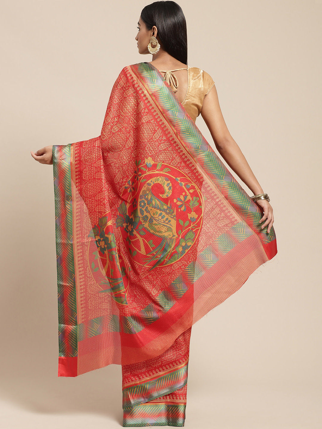 Women's Red Cotton Blend Printed Saree