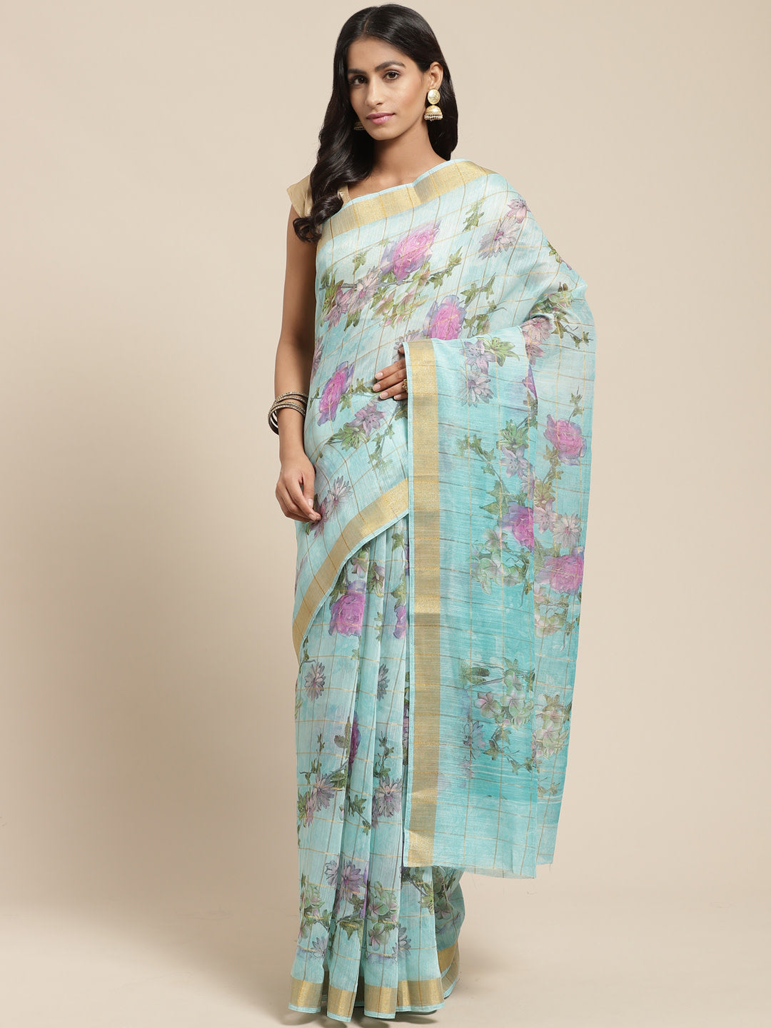 Women's Blue Cotton Blend Printed Saree