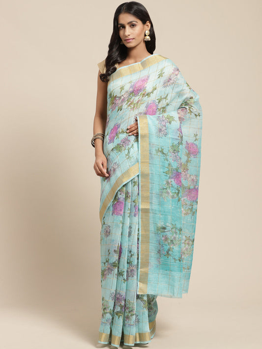 Women's Blue Cotton Blend Printed Saree
