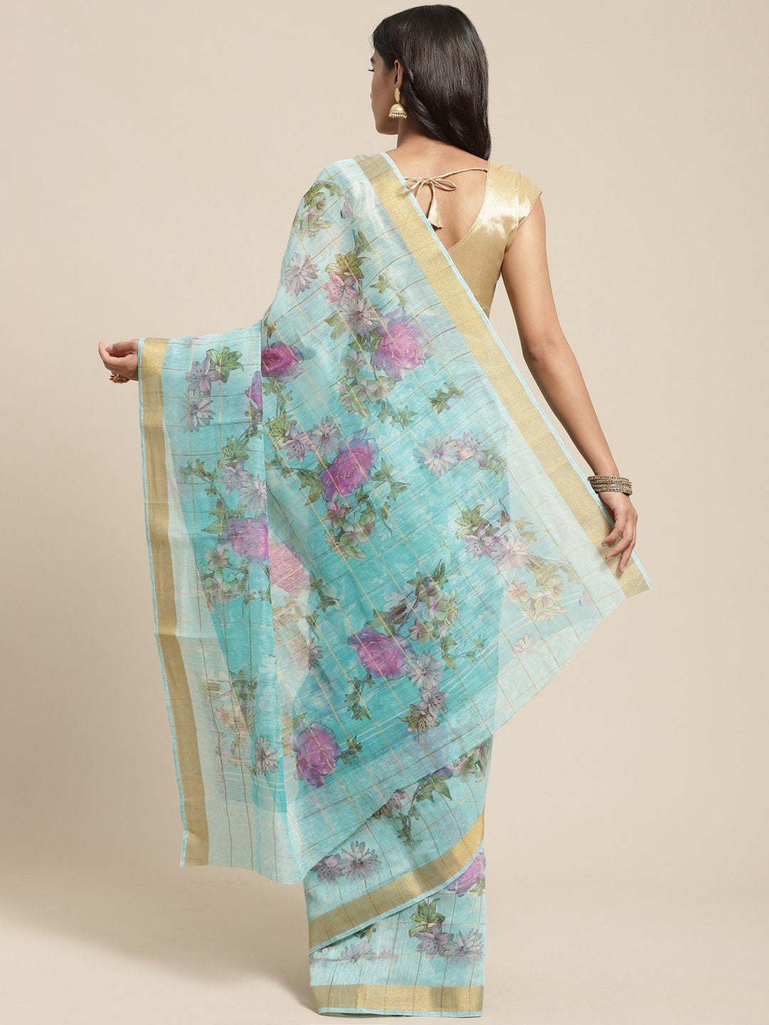 Women's Blue Cotton Blend Printed Saree