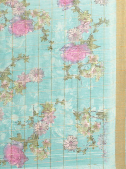 Women's Blue Cotton Blend Printed Saree