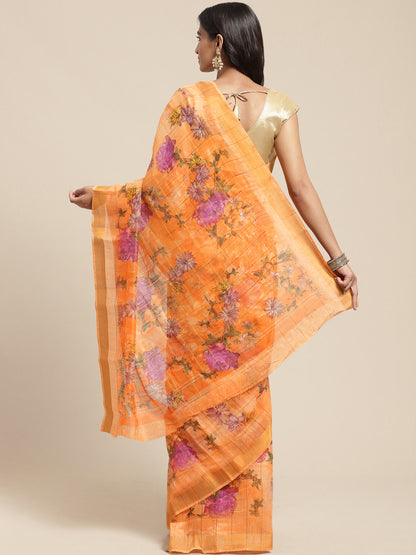 Women's Orange Cotton Blend Printed Saree
