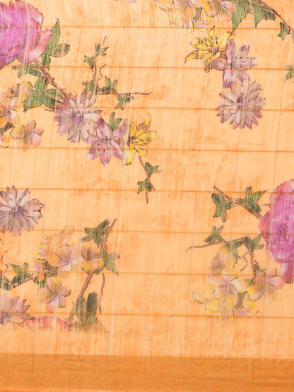 Women's Orange Cotton Blend Printed Saree