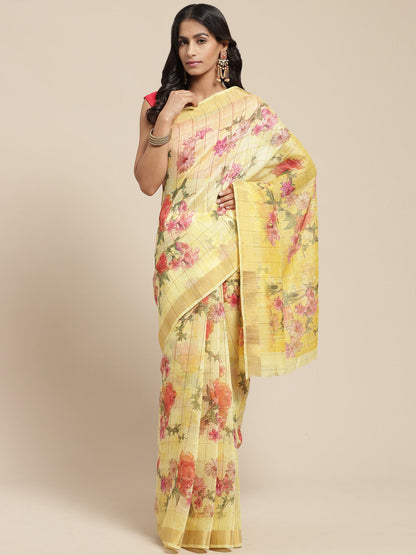 Women's Yellow Cotton Blend Printed Saree