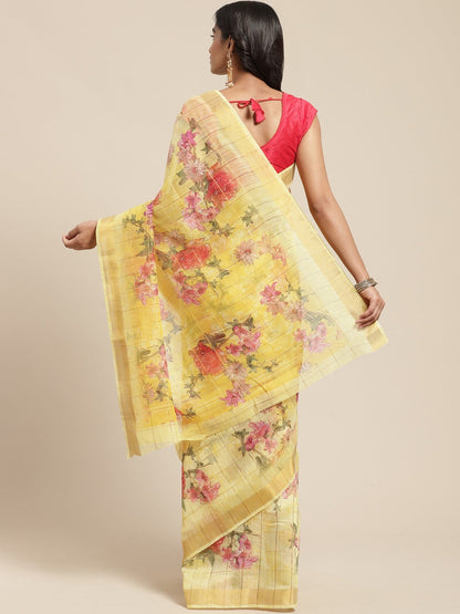 Women's Yellow Cotton Blend Printed Saree
