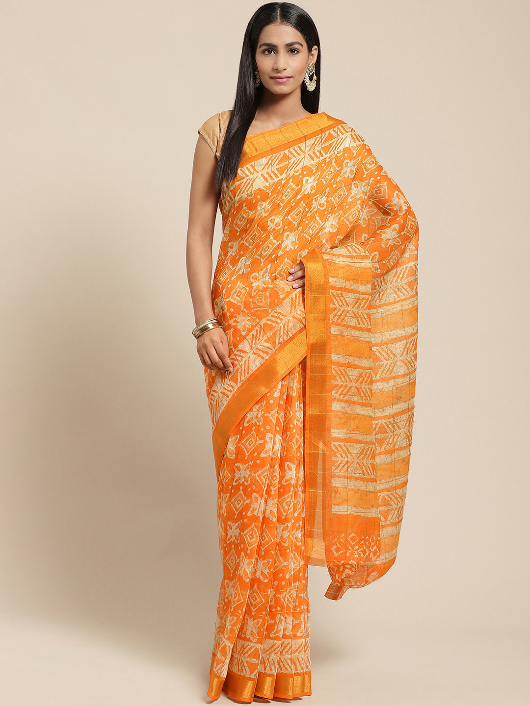 Women's Orange Cotton Blend Printed Saree