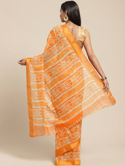Women's Orange Cotton Blend Printed Saree