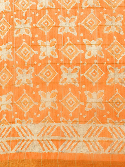 Women's Orange Cotton Blend Printed Saree