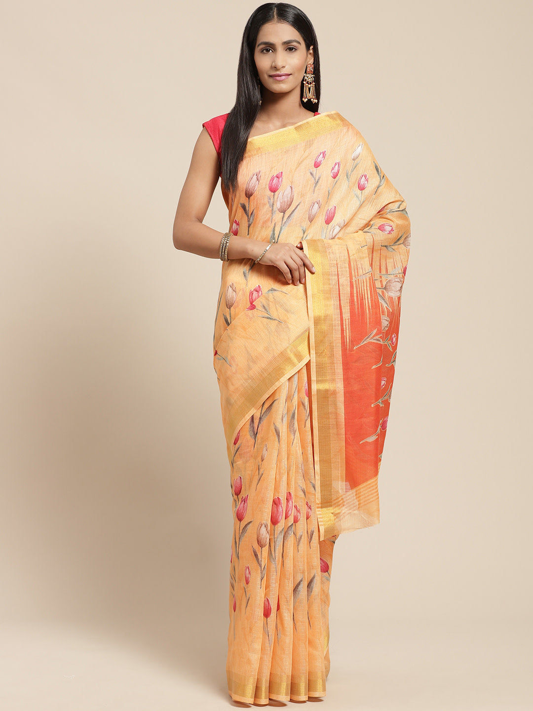 Women's Orange Cotton Blend Printed Saree