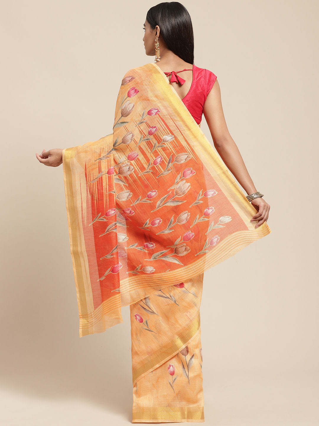 Women's Orange Cotton Blend Printed Saree