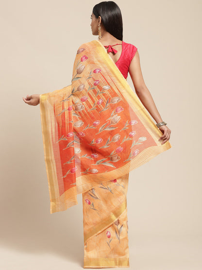 Women's Orange Cotton Blend Printed Saree