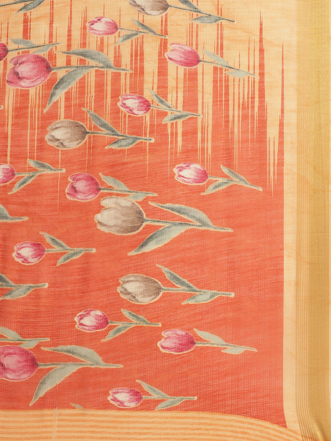 Women's Orange Cotton Blend Printed Saree