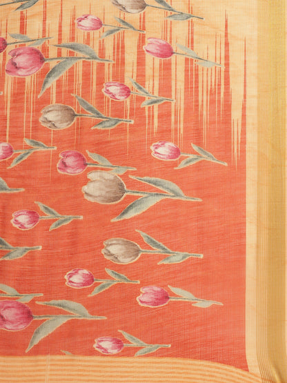 Women's Orange Cotton Blend Printed Saree