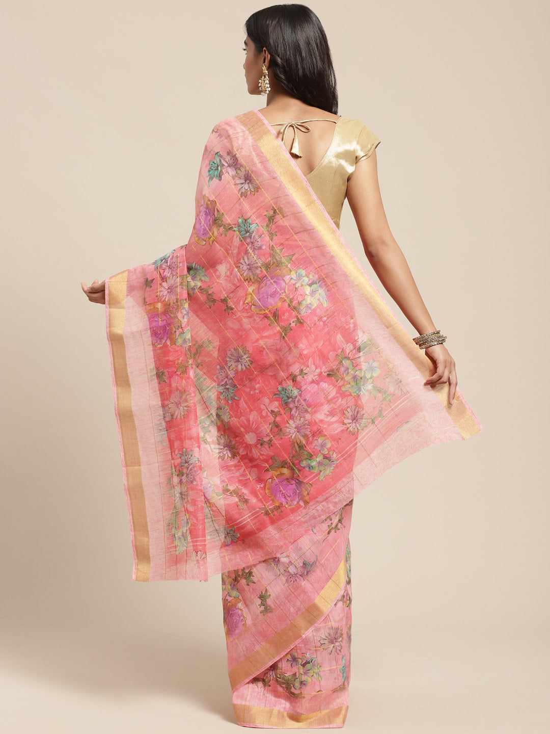Women's Pink Cotton Blend Printed Saree