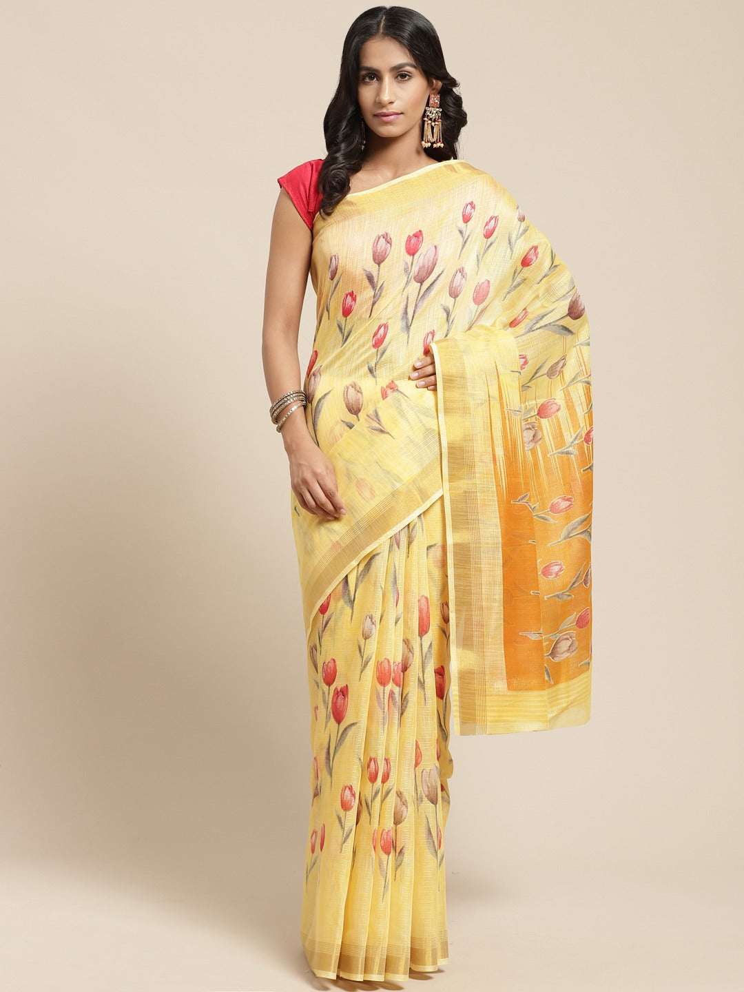 Women's Yellow Cotton Blend Printed Saree