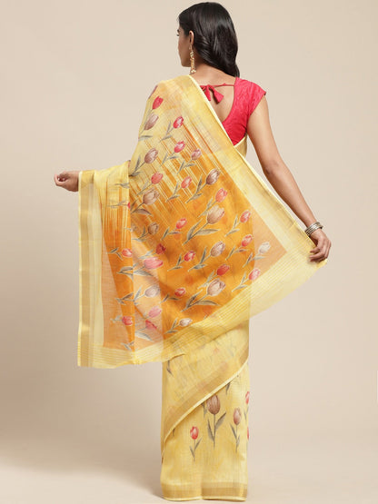 Women's Yellow Cotton Blend Printed Saree