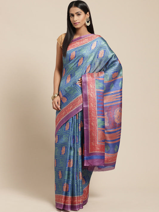 Women's Blue Art Silk Printed Saree