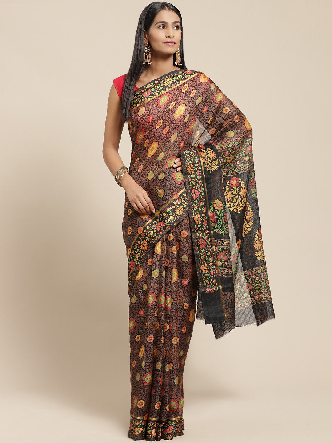 Women's Black Cotton Blend Printed Saree