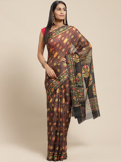 Women's Black Cotton Blend Printed Saree