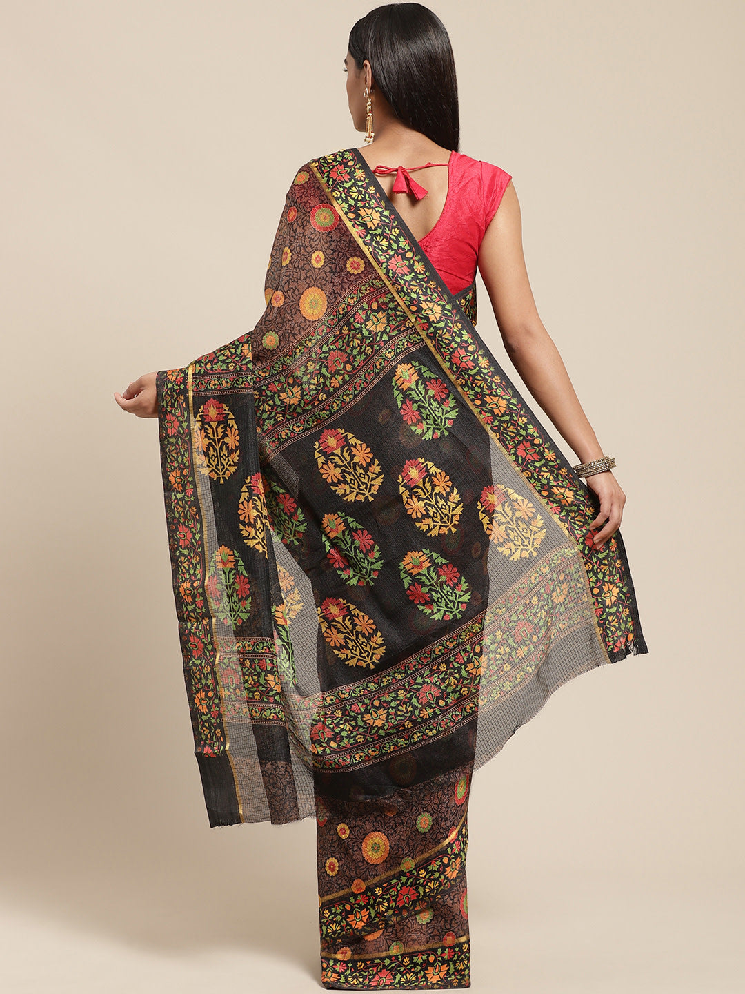Women's Black Cotton Blend Printed Saree