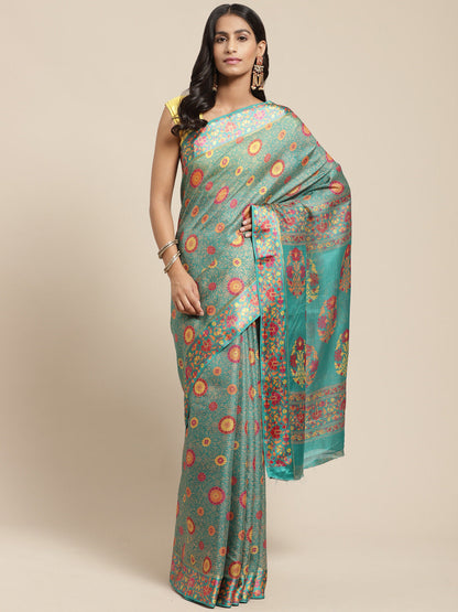 Women's Green Cotton Blend Printed Saree
