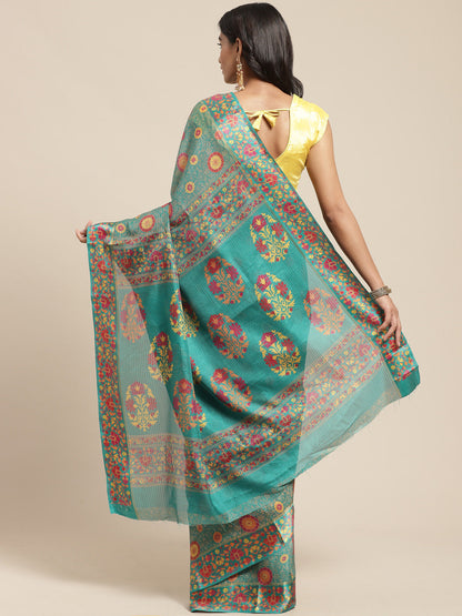 Women's Green Cotton Blend Printed Saree