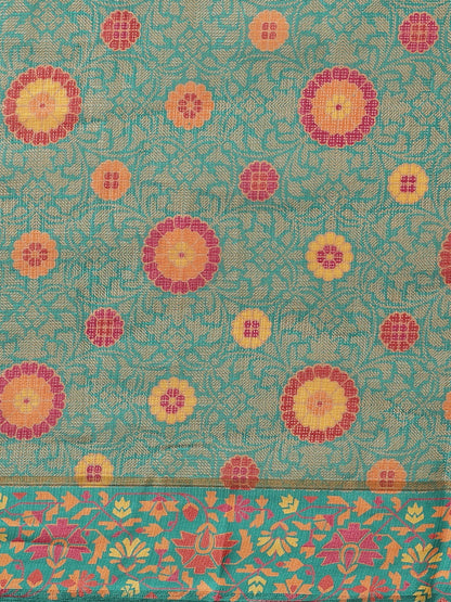 Women's Green Cotton Blend Printed Saree