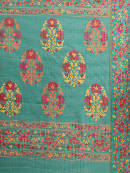 Women's Green Cotton Blend Printed Saree