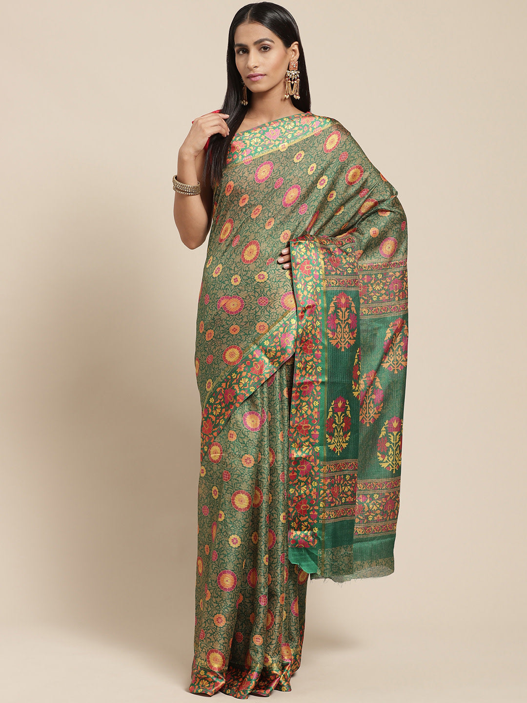 Women's Green Cotton Blend Printed Saree