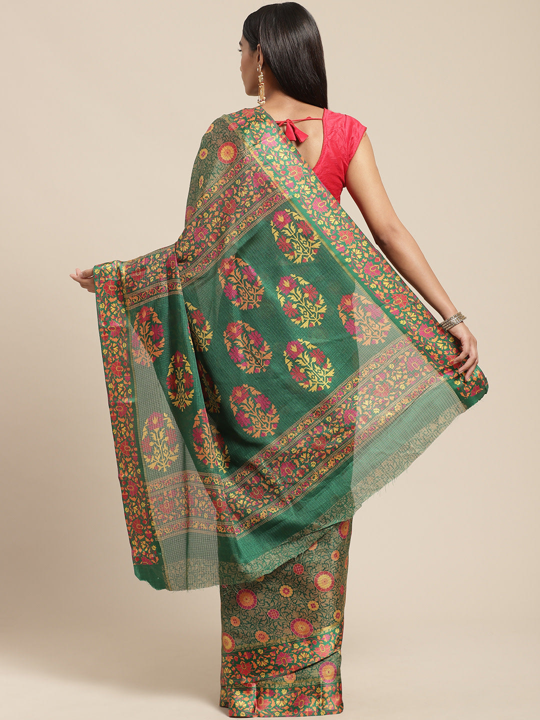 Women's Green Cotton Blend Printed Saree