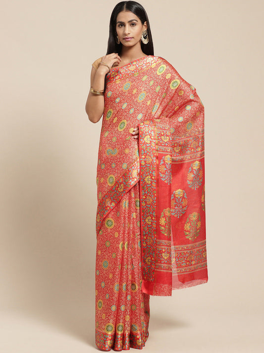 Women's Red Cotton Blend Printed Saree