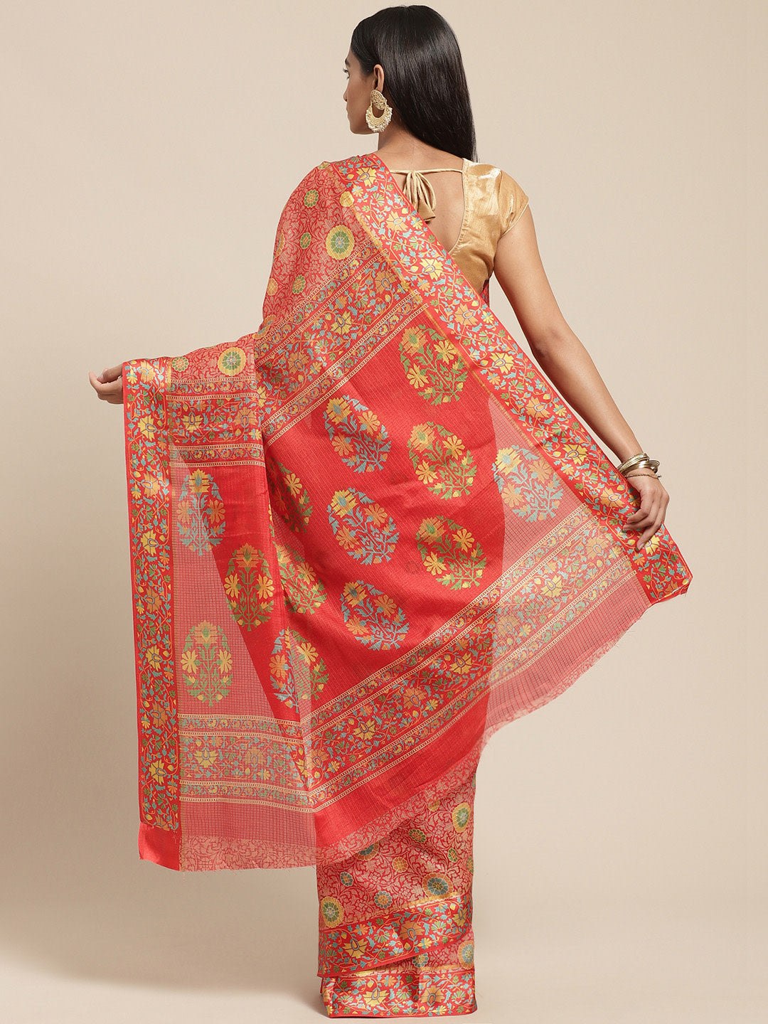 Women's Red Cotton Blend Printed Saree
